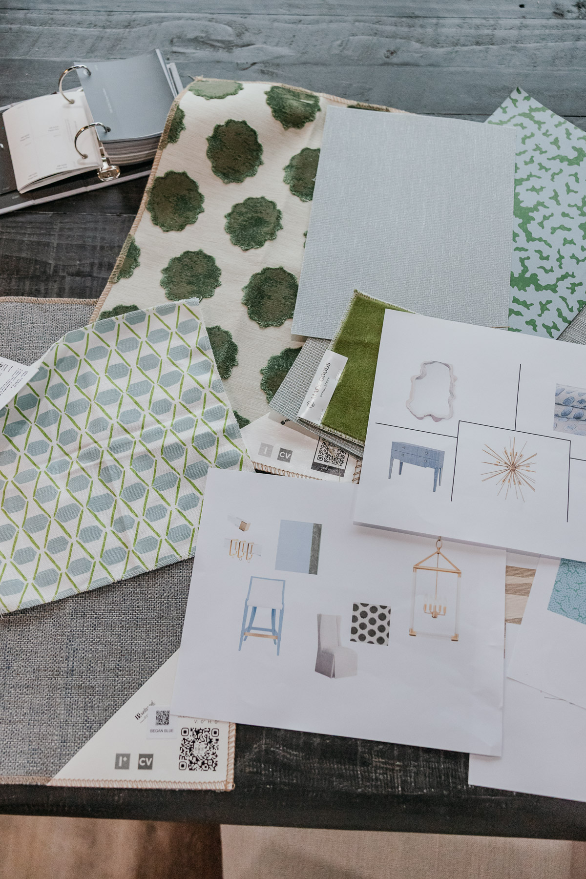 Interior design mood board and fabric swatches, Mac & Morgan Interiors